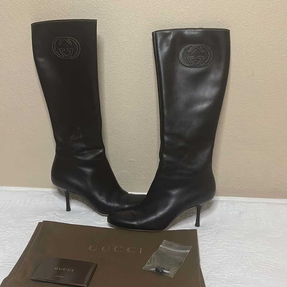 Gucci Stiv Pelle S Cuoio Lifford Nero Black Zip Logo Tall Boots